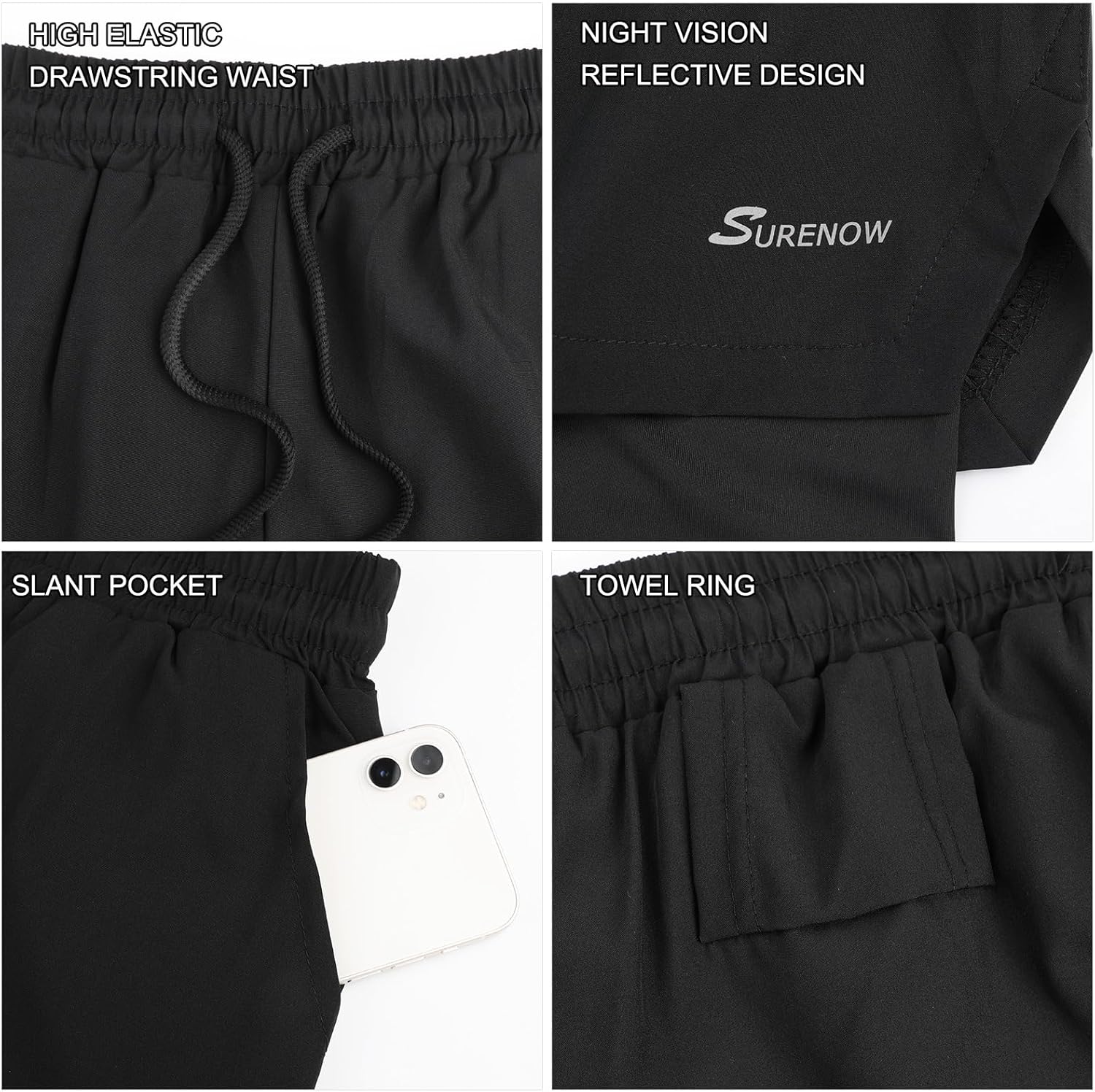 Surenow Men's 2-in-1 Running Shorts - Quick Dry Athletic Shorts with Zip Pockets & Towel Loop