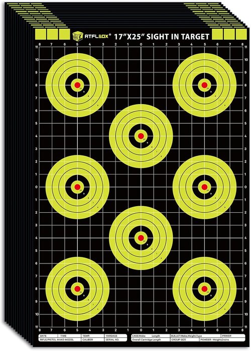 Atflbox High Visibility Bullseye Shooting Targets - 17x25 Inch Paper Targets for Handgun, Rifle, Airgun