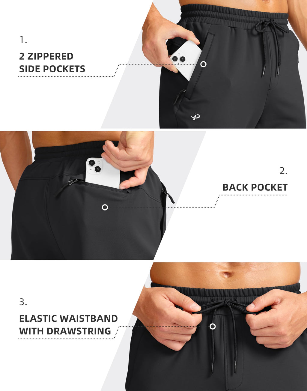 Pudolla Men's Fleece Joggers with 3 Zipper Pockets Warm Athletic Pants Winter Workout Gym Running Sweatpants for Men(Black L)