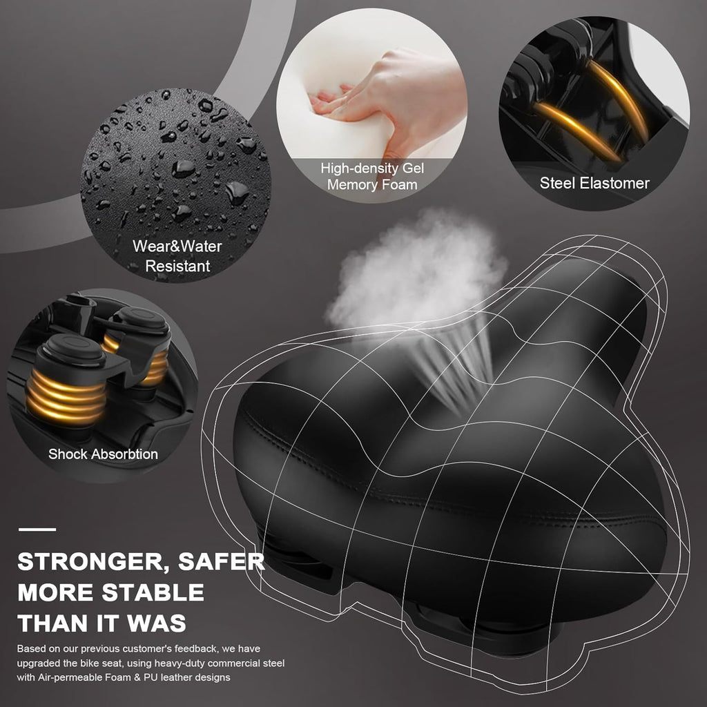 Skiennix Wide Bicycle Seat - Comfortable Memory Foam, Sweatproof Design | Best Replacement for Exercise & Mountain Bikes