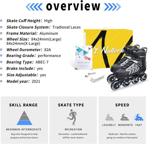 Nattork Adjustable Inline Skates - Perfect for Adults & Teens | Indoor & Outdoor Use, Beginner-Friendly