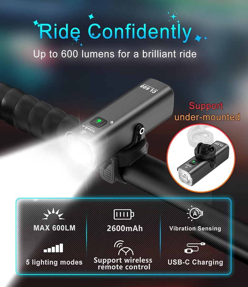 Towild CL600 Bike Front Light — Rechargeable, Waterproof, Garmin/GoPro Mount Compatible