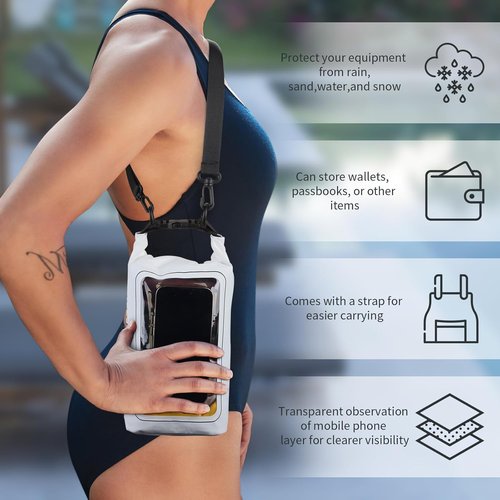 IP68 Waterproof Dry Bag - 2L Roll Top Pool Bag with Phone Pouch for Kayaking & Boating (White)