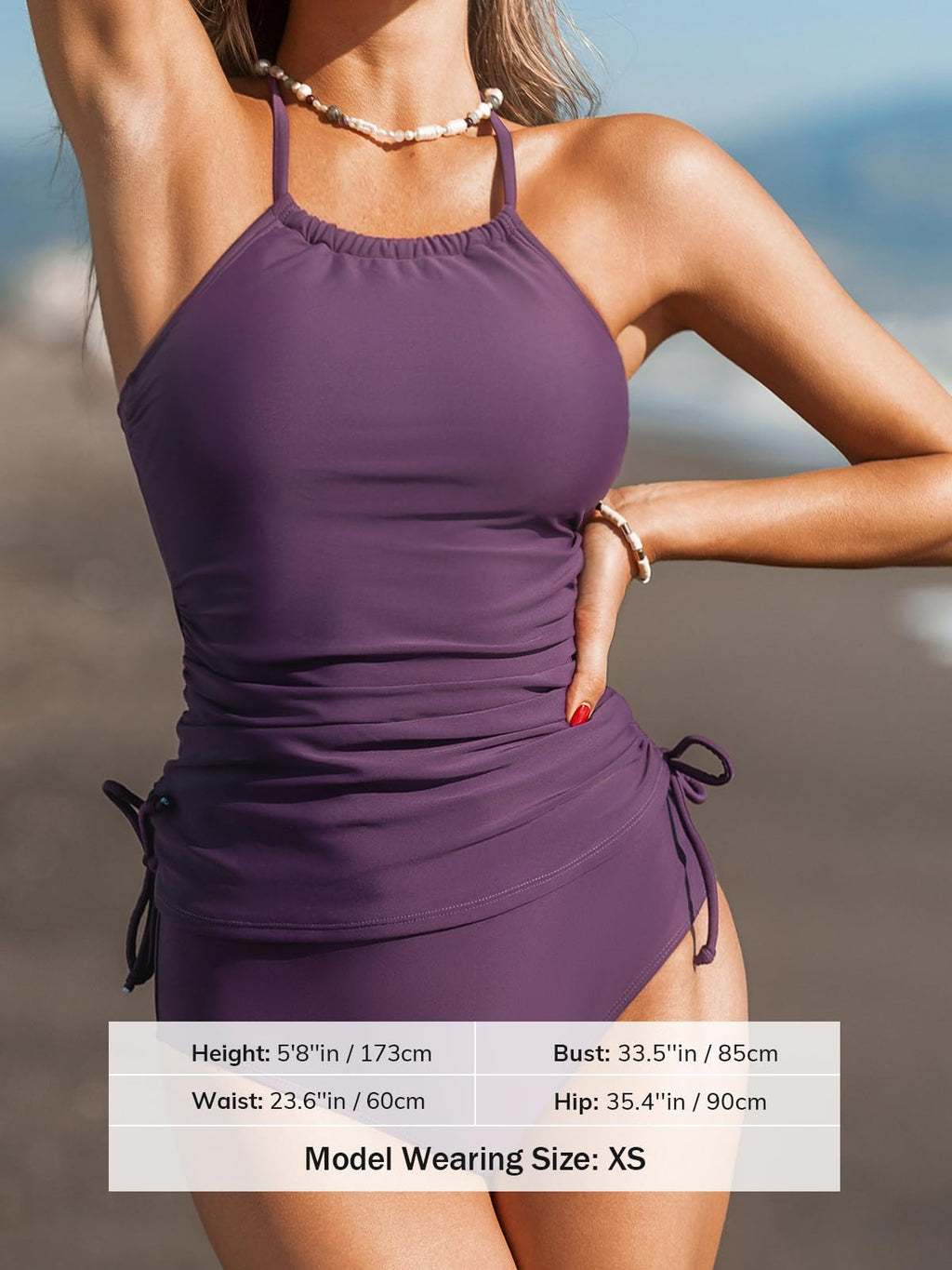 CUPSHE Women's Tankini Sets Two Piece Swimsuit High Neck Halter Mid Rise Adjustable Drawstrings, M Deep Plum