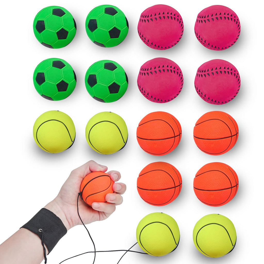 4/8/16 Pack 2.36 Inch Wrist Return Ball Wristband Balls Rubber Rebound Bouncy Sport Ball (Basketball, Baseball, Soccer,Tennis) on Elastic String Wrist Exercise or Play,Gift Toy for Kids Teens Adults