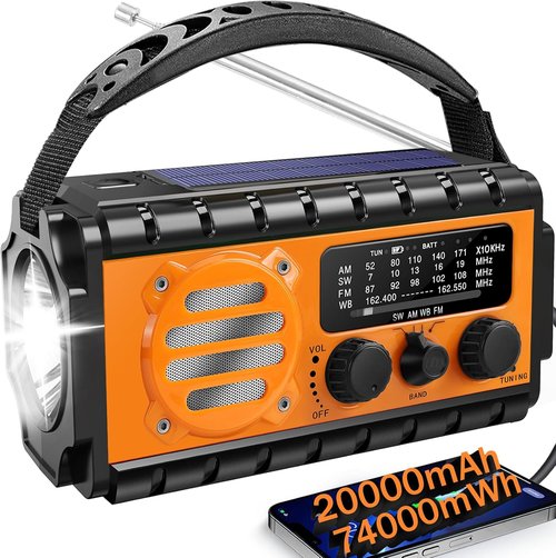74000mWh Emergency Radio - NOAA Weather, Portable Hand Crank SW/AM/FM Survival Radio with Solar Battery & Flashlight