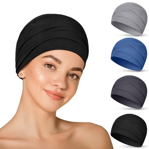 Zhengmy 4 Pcs Cotton Chemo Sleep Cap for Women, Soft Cancer Beanie Hat Headwear Turban Stretchy Skull Cap Hair Loss Head Wrap(Black, Gray-blue, Light Gray, Dark Gray)