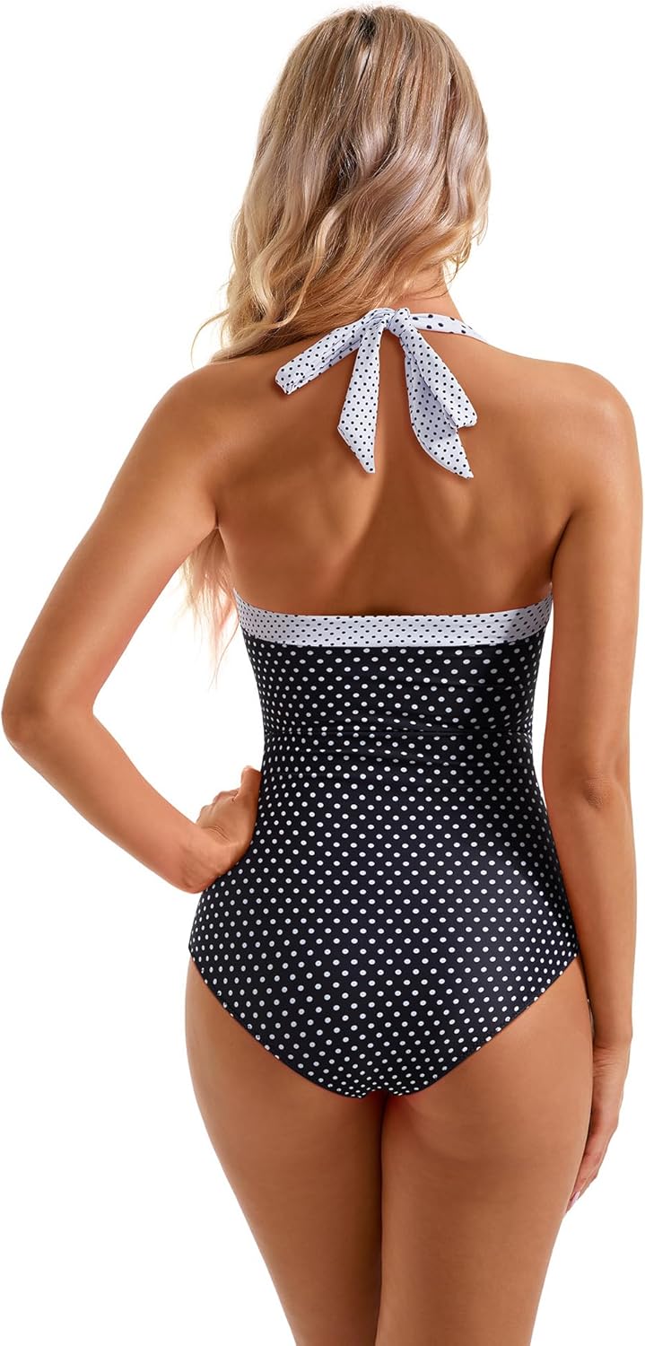 SUUKSESS One Piece Swimsuit - Sexy Tummy Control Halter Retro Bathing Suit for Women