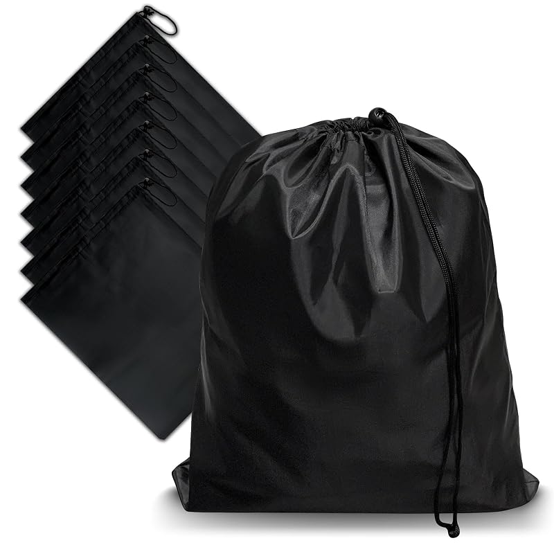 8-Pack Drawstring Bags with Toggle - Durable Nylon Cinch Sacks, Gym, Travel, Black 8 x 6 Inch