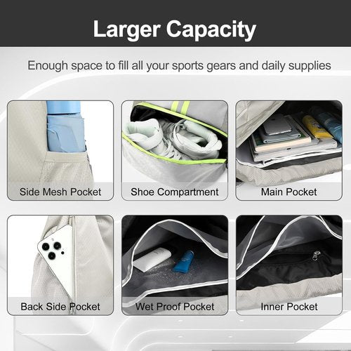 Hoedia Sports Drawstring Backpack - Versatile Swim & Gym Bag with Shoe Compartment & Waterproof Pocket