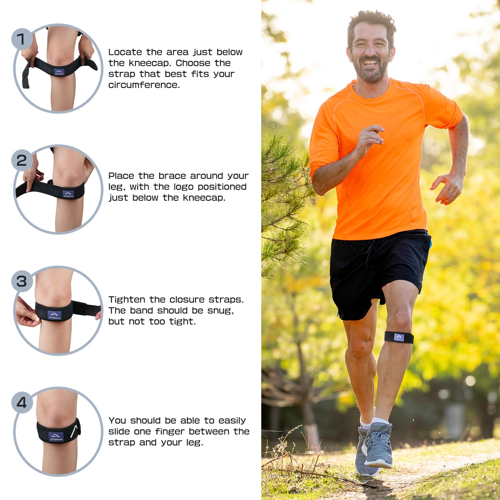 JAPSERUNA Patellar Band Tendon Support Strap - 2 Pack Adjustable Non-Slip Knee Brace for Helps Relieve Pain & Swelling for Hiking, Running, Jumpers Knee, Tendonitis, Basketball, Squats