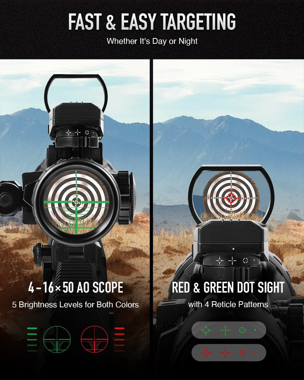 PINTY Tactical Rifle Scope Combo - Illuminated Optics with Red Dot Sight & Laser | 3-9x32, 3-9x40, 4-12x50, 4-16x50