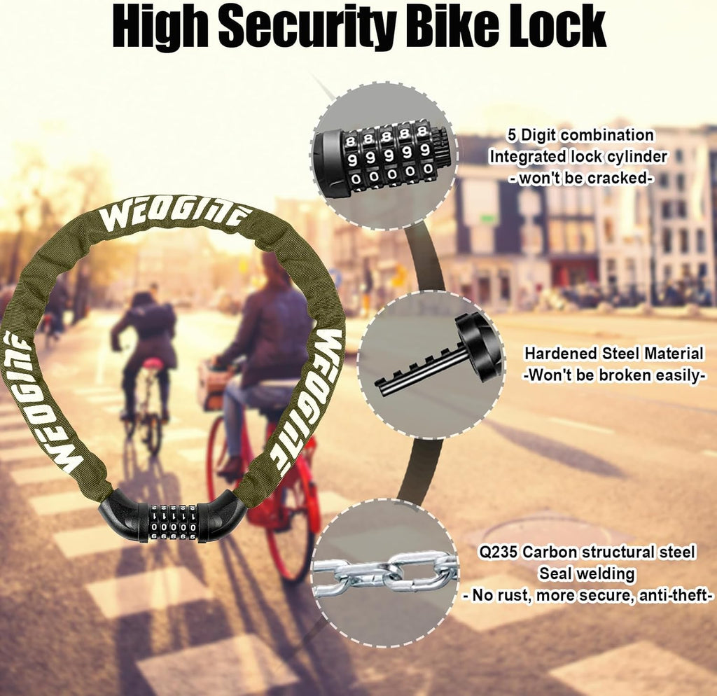 Skiennix Bike Lock - High-Security 5-Digit Combination Chain Lock for Bicycle, Scooter, Motorcycle, Gate