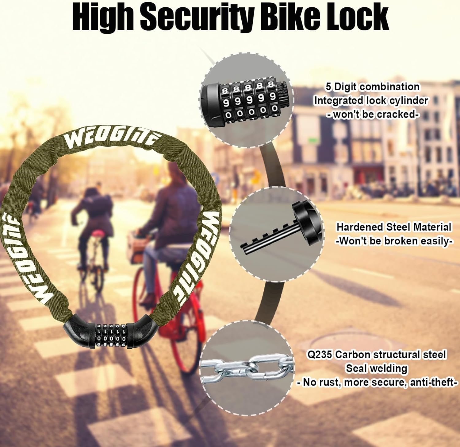Skiennix Bike Lock - High-Security 5-Digit Combination Chain Lock for Bicycle, Scooter, Motorcycle, Gate