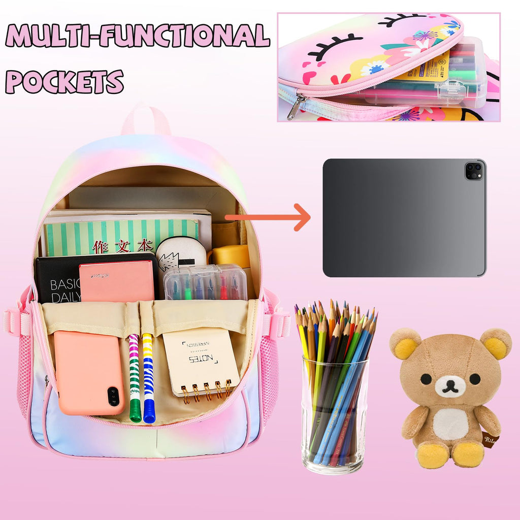 Kids Backpack Girls School Backpack Preschool Kindergarten Unicorn Toddler BookBag with Chest Clip (Tie Dye headband)