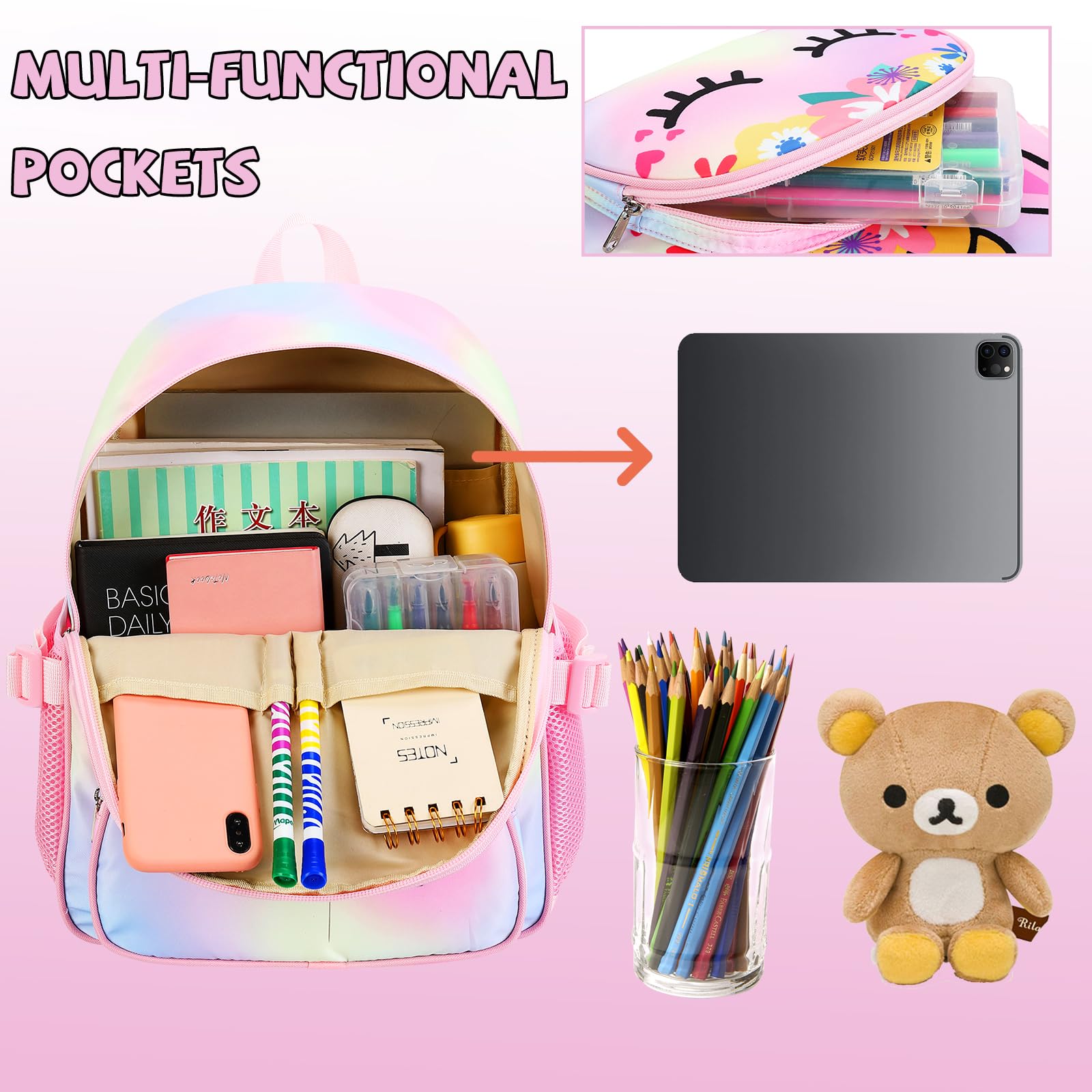 Kids Backpack Girls School Backpack Preschool Kindergarten Unicorn Toddler BookBag with Chest Clip (Tie Dye headband)