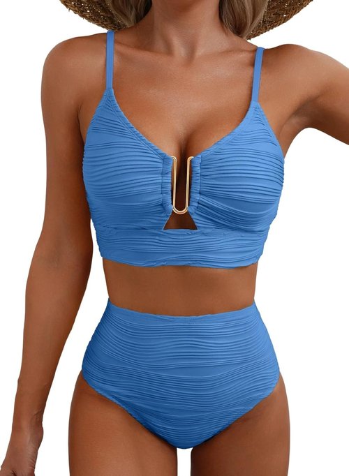 Herseas 2 Piece Bikini Set - U-Wire Cutout High Waisted Swimsuit | Textured Summer Swimwear