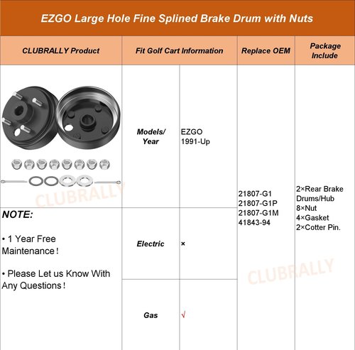 CLUBRALLY Golf Cart Brake Drum Kit with Large Hole Fine Splined, Fits 1991-Up Gas EZGO and 1996-Up Columbia, OEM#21807-G1, 41843-94 (2 PCS)