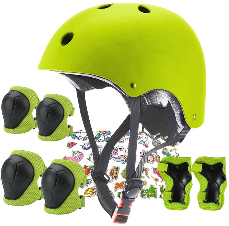 Kids Adjustable Helmet with Knee Elbow Pads & Wrist Guards - Green, Medium (20.47"-22.83" head) for Ages 8-14 - FOOKCIAN
