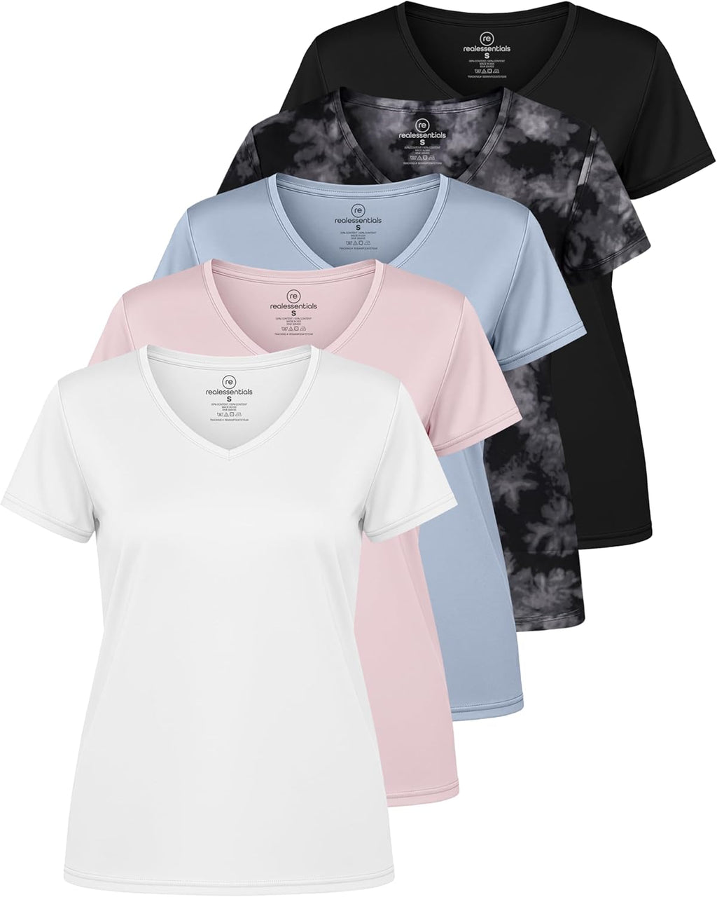 Real Essentials Women's Dry-Fit V-Neck T-Shirt - 5 Pack Workout & Yoga Tops | Plus Size Available