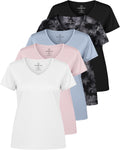 Real Essentials Women's Dry-Fit V-Neck T-Shirt - 5 Pack Workout & Yoga Tops | Plus Size Available