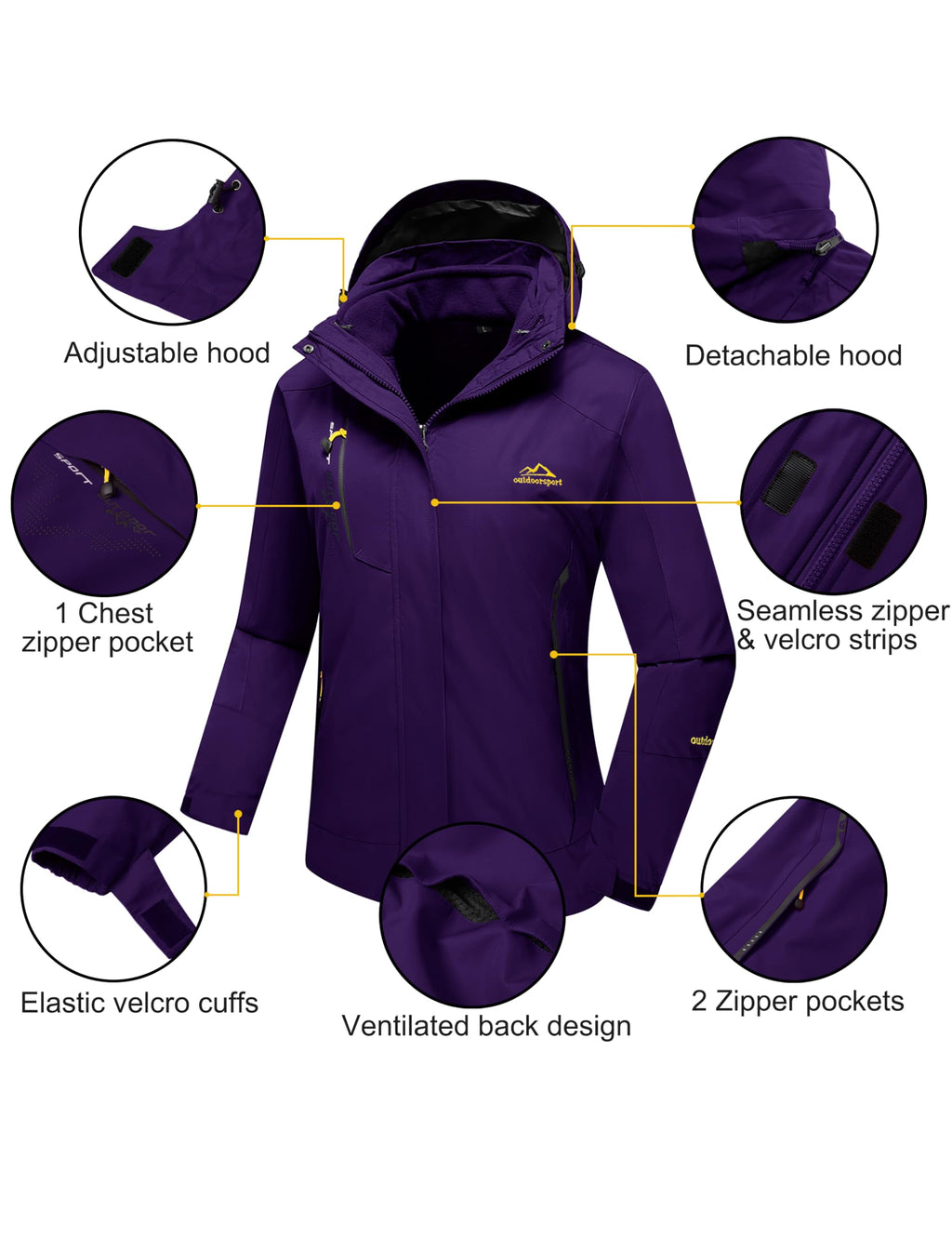MAGCOMSEN Winter Coats for Women Waterproof Insulated Snow Jacket Fleece Lined Jacket 3 In 1 Jacket Snowboarding Jacket Dark Purple L