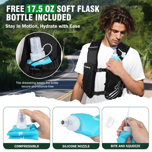 Running Vest for Women Men, Running Hydration Vest with 500ml Soft Flask & Touch-Screen Phone Pocket, Reflective Lightweight Hydration Backpack for Hiking with Adjustable Chest Waist Straps M