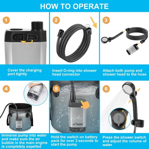 WADEO Portable Shower for Camping, 6000mAh Outdoor Electric Shower Rechargeable Pump with Intelligent Digital Display, Camping Shower Head Nozzle for Camping, Hiking, Traveling, Washing