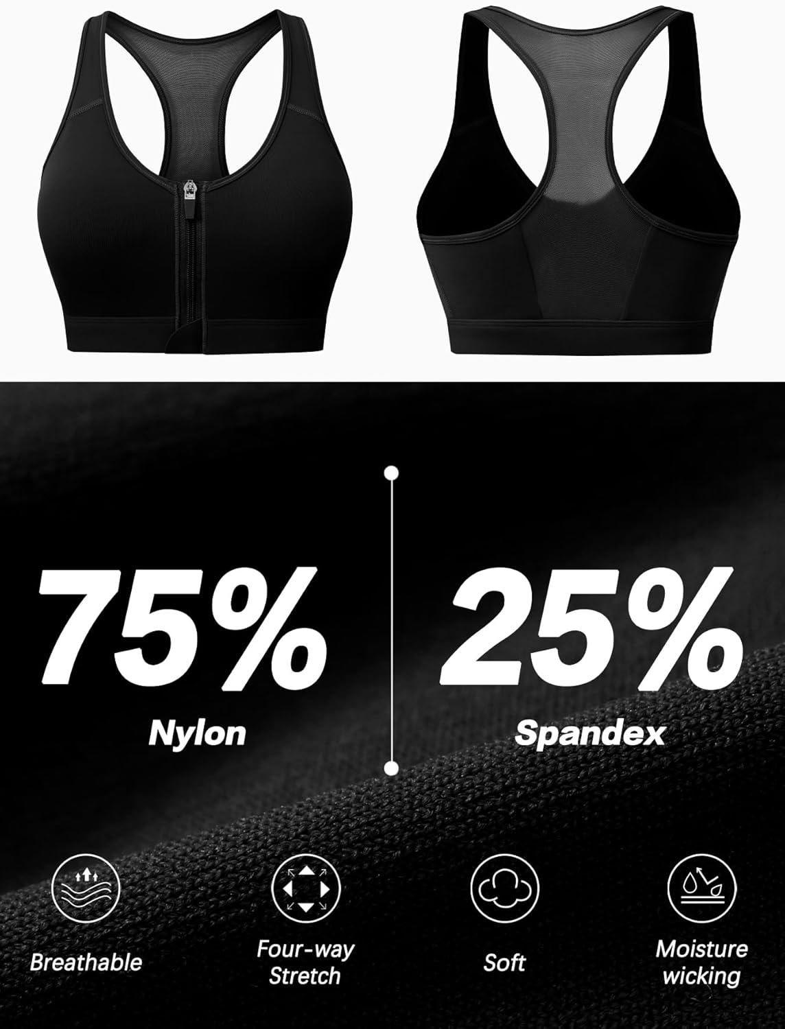 Skiennix High Impact Sports Bra - Zip Front Closure for Women | Post-Surgery Racerback Design