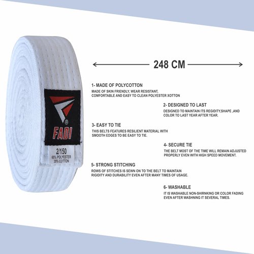Fadi Sports Martial Arts Belt for Karate, Judo, Aikido and Taekwondo - Durable Cotton-Polyester Blend for Adults and Kids (White, 00)