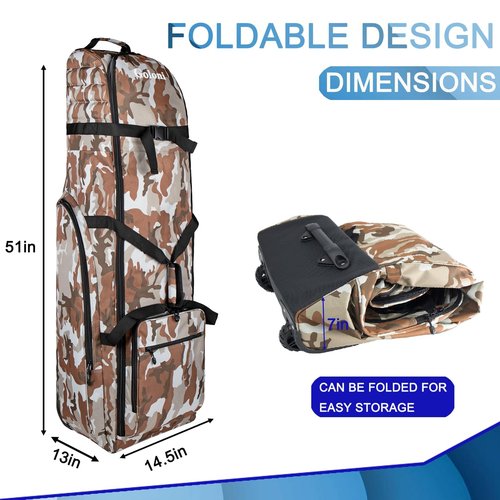 Golf Travel Bags for Airlines with Wheels,Golf Bag 900D Heavy Duty Oxford Wear-Resistant Soft-Sided Golf Club Flight Bag with Adjustable Support Rod,Brown Camo
