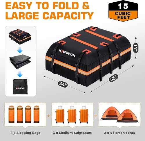 Kingfun Car Rooftop Cargo Carrier - Waterproof 15 Cu Ft Roof Bag for All Vehicles | Includes Anti-Slip Mat & 8 Straps