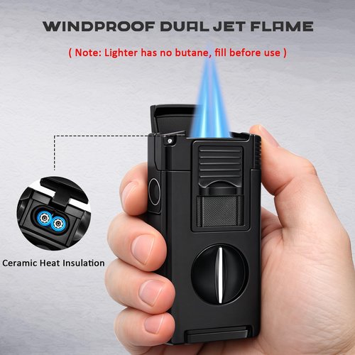 VloEssic 5-in-1 Dual Jet Flame Butane Torch Lighter Built-in V Cutter, Punch, Holder, Draw Enhancer Tool, Windproof Refillable Butane Lighter Gift for Men, Cool Lighters for Candle, Outdoor (No Gas)