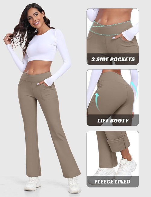 MoFiz Women's Fleece Wide Leg Sweatpants - High Waisted Athletic Pants with Pocket | Khaki, Size L