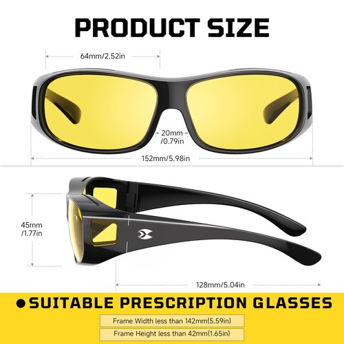 suoso Night Driving Glasses Fit Over Eyeglasses for Men Women, Polarized Anti Glare Night Vision Glasses HD Yellow Lens