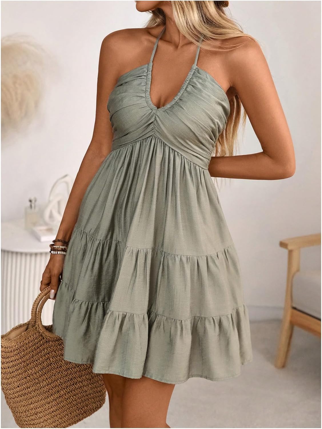 Soly Hux Women's Summer Mini Dress - Halter Backless A-Line Ruffle Hem | Flowy Cami Sundress