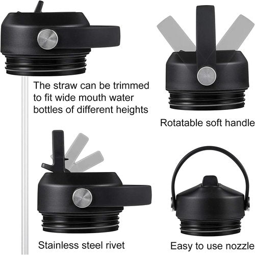 2-Pack Straw Lid Replacement for Yeti Rambler 26/36/46/64 oz & Jr 12/18 oz | Leak-Proof Chug Cap with Handle & Trimmable Straws | BPA-Free Bottle Accessories Kit (Black)
