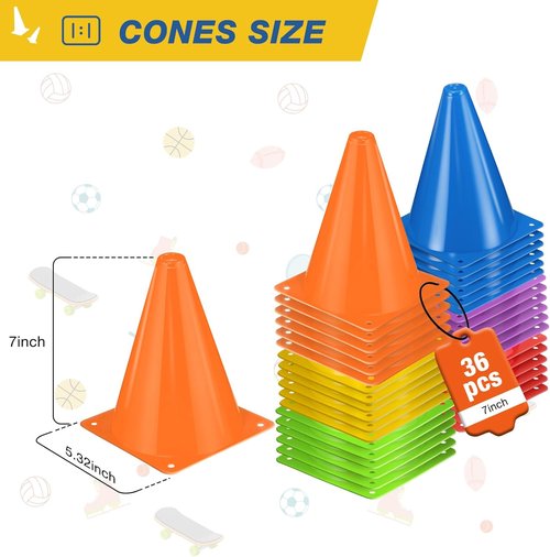Durable 36pcs Soccer Cones - 7 Inch Plastic Training Cones for Sports, Agility Drills & More