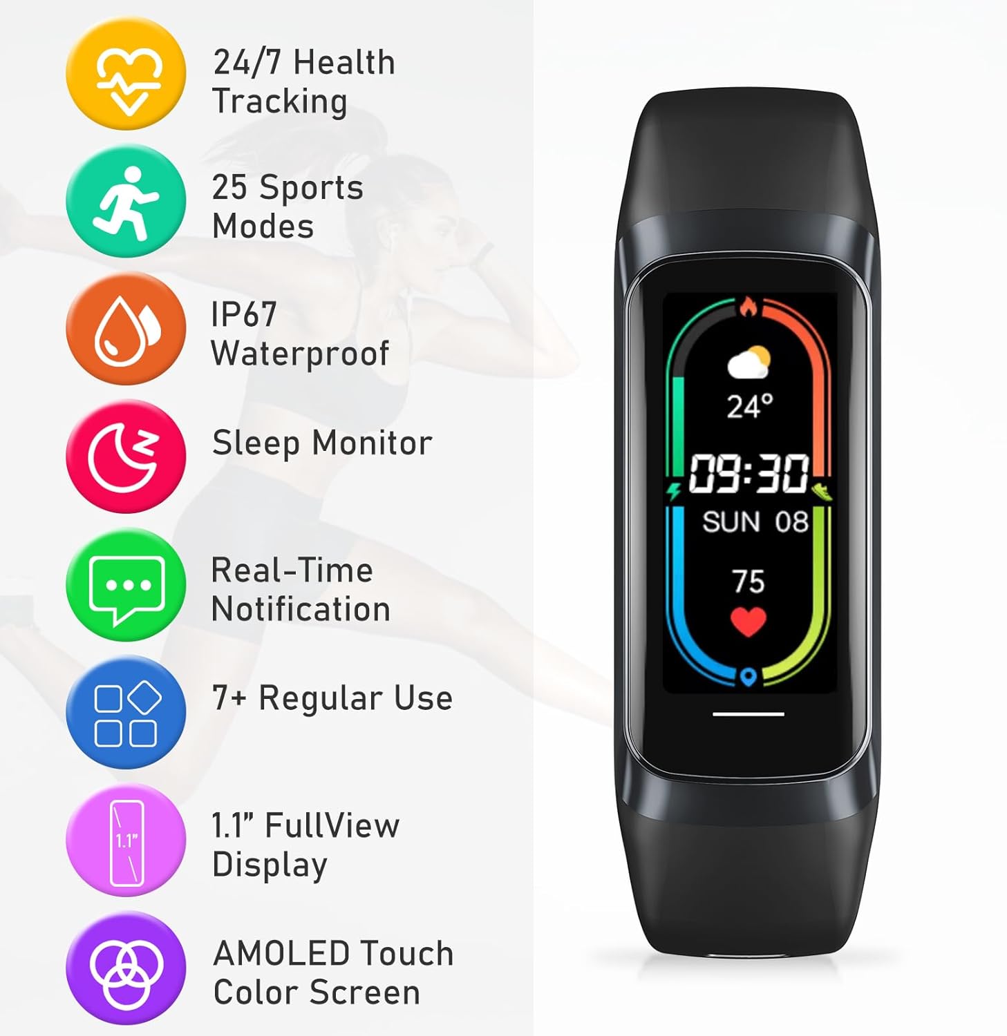 Skiennix Fitness Tracker - 24/7 Heart Rate, Blood Pressure & Sleep Monitoring | 1.1" AMOLED Screen, Waterproof