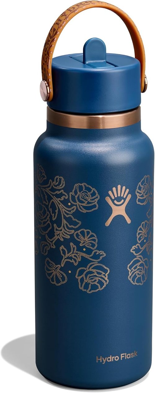Hydro Flask Water Bottle - Insulated Stainless Steel with Wide Mouth Flex Straw Lid | 32 Oz Western Dark Blue