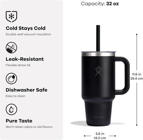 Hydro Flask 24 Oz Insulated Travel Tumbler - Durable Stainless Steel with Handle, Clear Lid & Straw