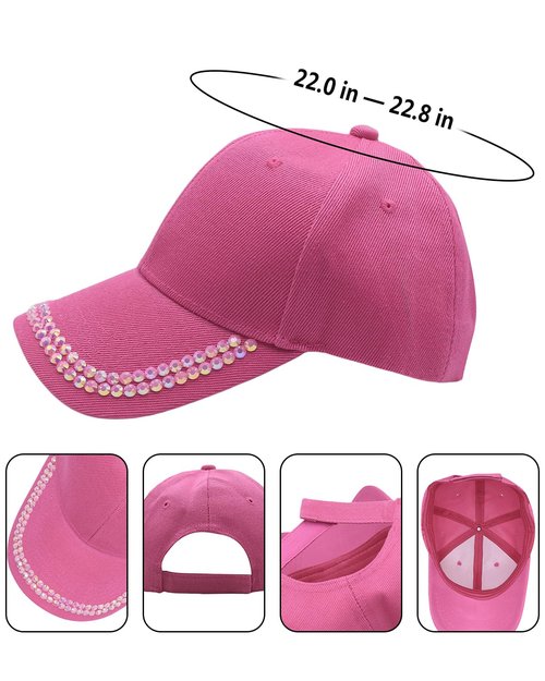 Shiny Rhinestone Brim Baseball Cap for Women Girls Bling Hats Sparkle Ponycap Trucker Hat Summer Outdoors Sun Cap Hot Pink