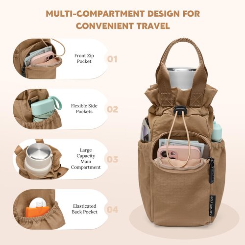GOLF QUALITY Large Water Bottle Bag for 32/40/42//64oz Water Bottle,Casual Drawstring Crossbody Water Cup Bag,Brown