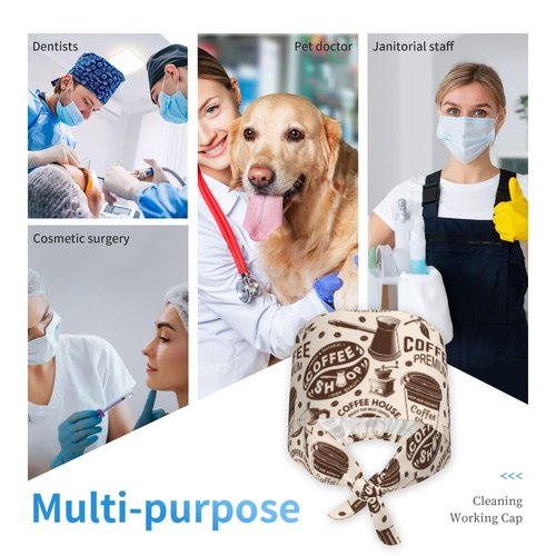 Coffe Working Caps with Sweatband for Men & Women Adjustable Tie Back Hat Nurse Surgical Caps