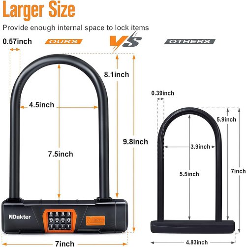 NDakter Heavy-Duty Bike Lock - Anti-Theft U Lock with 4-Digit Combination & 5Ft Steel Cable for E-Bikes, Scooters, Motorcycles