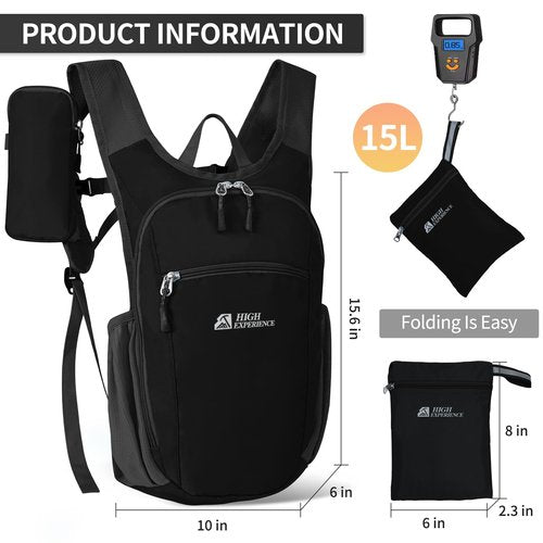HIGH EXPERIENCE Hiking Backpack 10L/15L Small Daypack Lightweight Packable Travel Foldable Water Resistan for Women Men (Black, 15L)