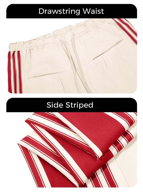 Fisoew Womens Wide Leg Pants Drawstring High Waisted Striped Baggy Palazzo Track Pants with Pockets Red