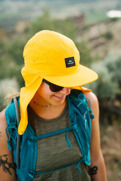 Tillak Chamisa Sun Hat, Lightweight Nylon 5 Panel Cap with Hide-able Neck Shade and Spring Cord (Yellow)