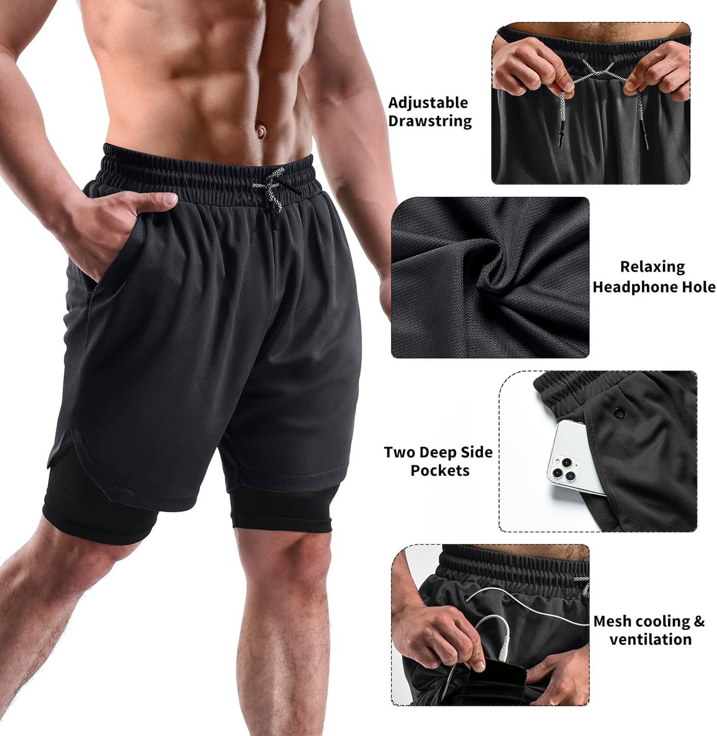 Skiennix 2-in-1 Men’s Shorts - Casual Running & Gym Shorts with Pockets | 7 Inch, 2 Pack