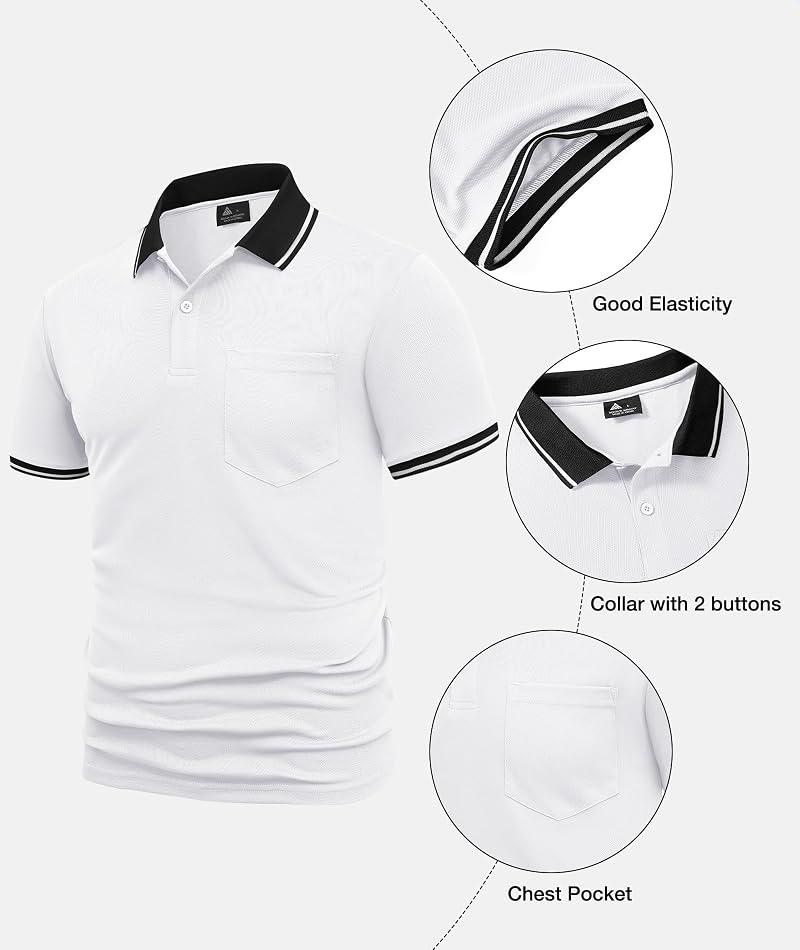 Mens Polo Shirt Short Sleeve with Pocket – Classic Collared Golf Style, White, Medium